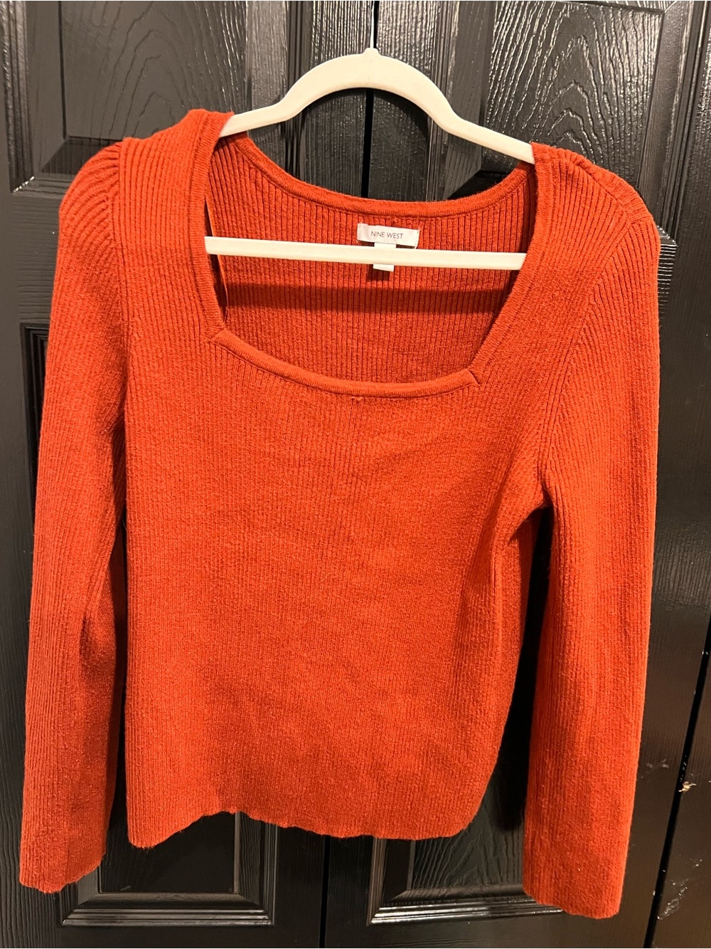 Nine West Ribbed Square Neck Sweater in Rust Orange